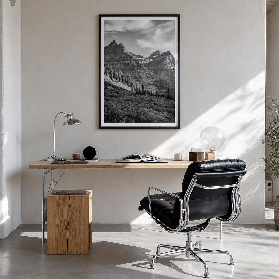 Montana no. 3 black & white photo poster of United States – vertical wall art in black wood frame with white border, hanging 