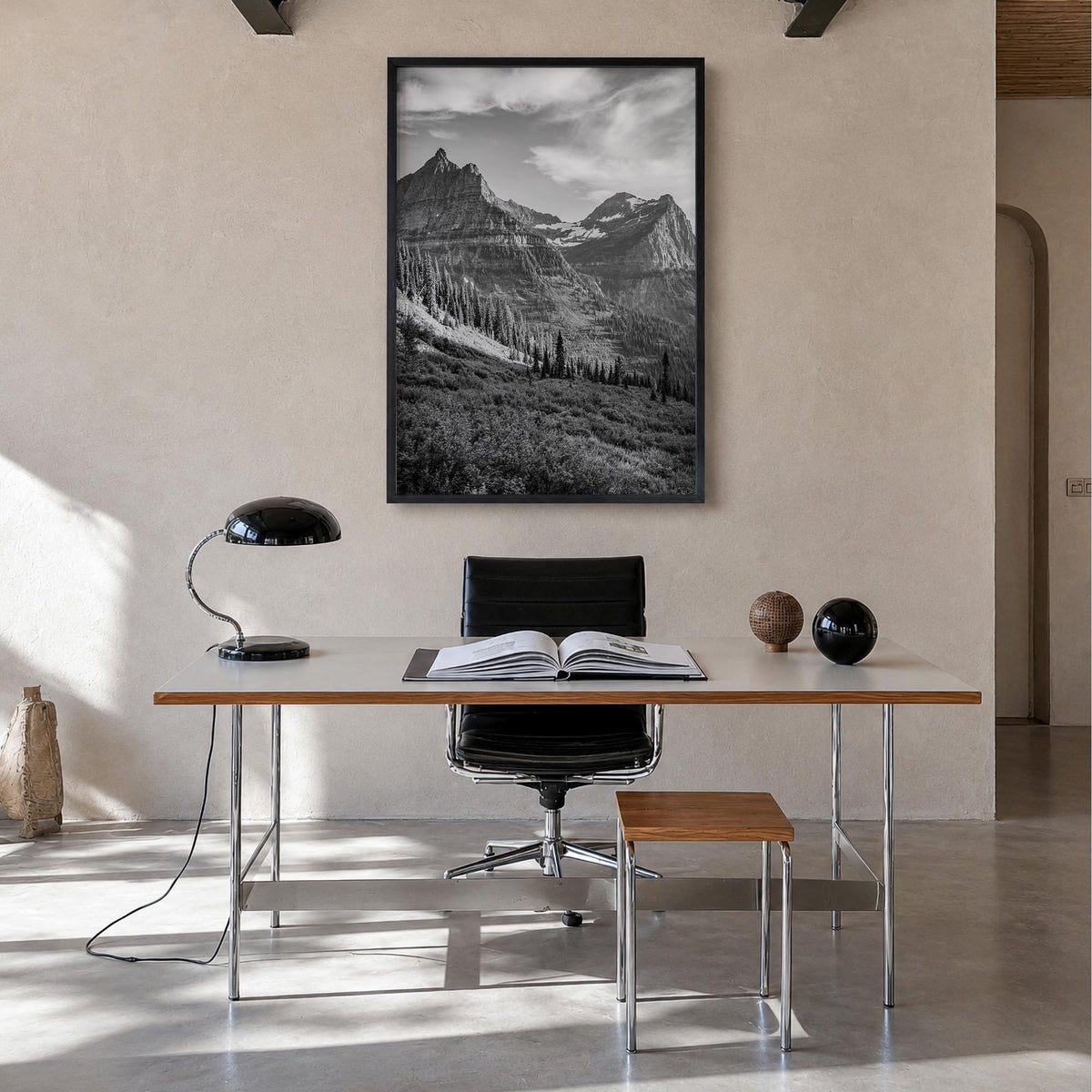 Montana no. 3 black & white photo poster of United States – vertical wall art in black wood frame, hanging on wall