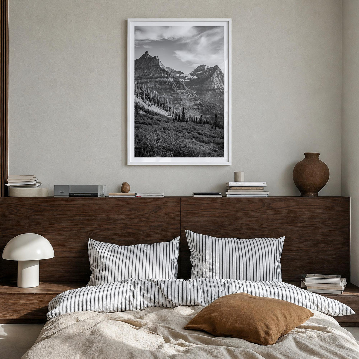 Montana no. 3 black & white photo poster of United States – vertical wall art in white wood frame with white border, hanging 