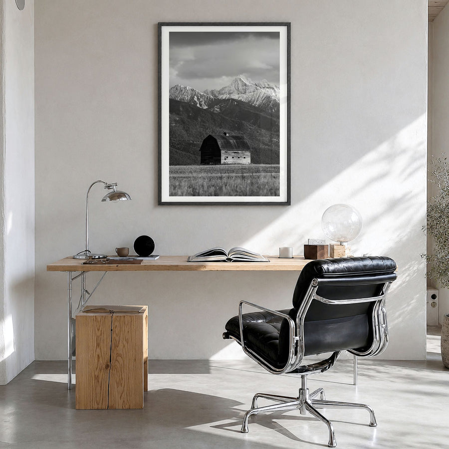 Montana Photo No 1 Poster in a black wood frame, hanging in a bright home office, white border