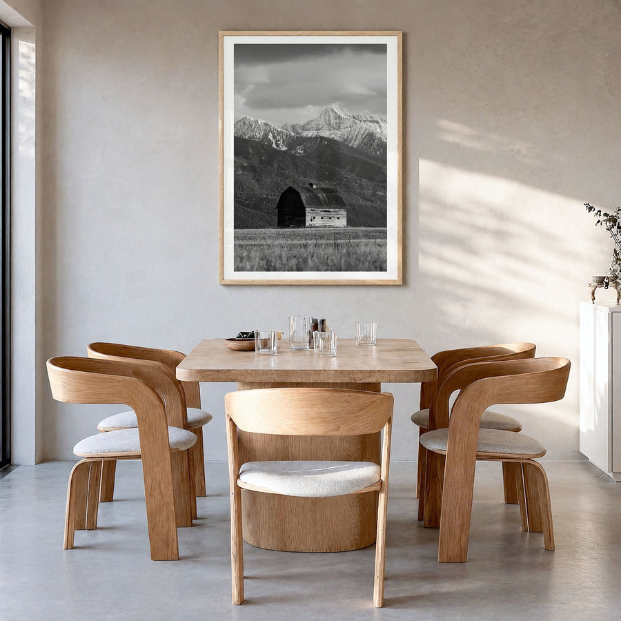 Montana Photo No 1 Poster in a natural wood frame, hanging in a dining room, white border