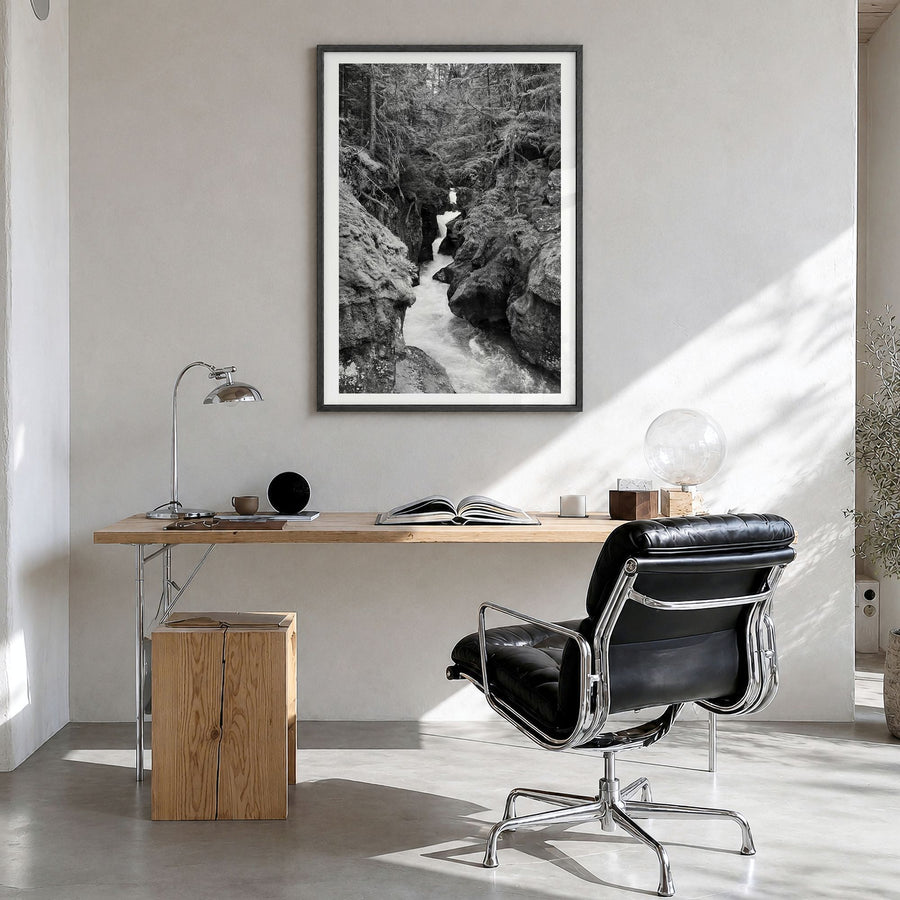 Montana Photo No 2 Poster in a black wood frame, hanging in a bright home office, white border