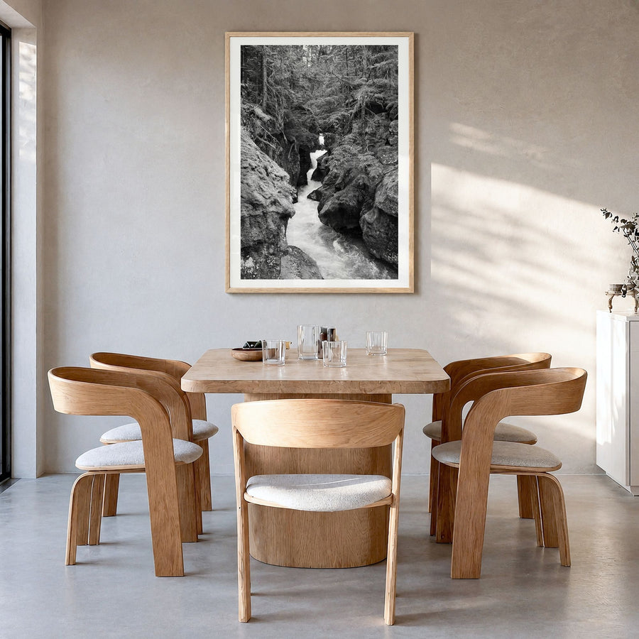 Montana Photo No 2 Poster in a natural wood frame, hanging in a dining room, white border