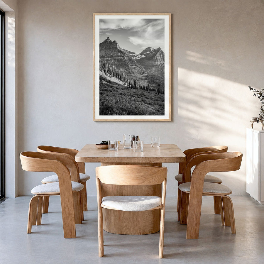 Montana Photo No 3 Poster in a natural wood frame, hanging in a dining room, white border
