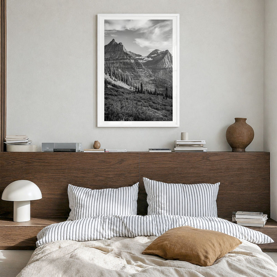 Montana Photo No 3 Poster in a white wood frame, hanging in a bedroom, white border