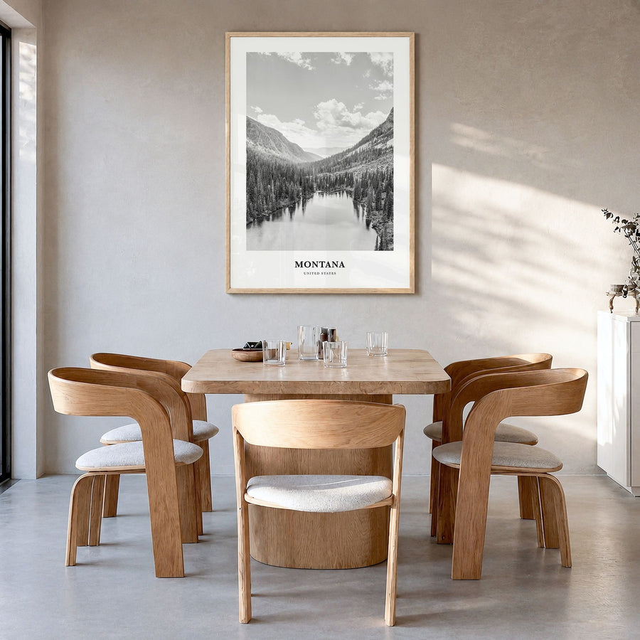 Montana Classic No 2 Poster in a natural wood frame, hanging in a dining room