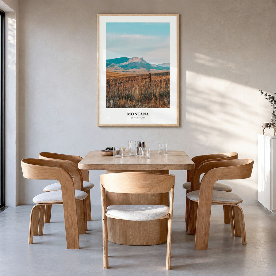 Montana Classic No 2 Poster in a natural wood frame, hanging in a dining room