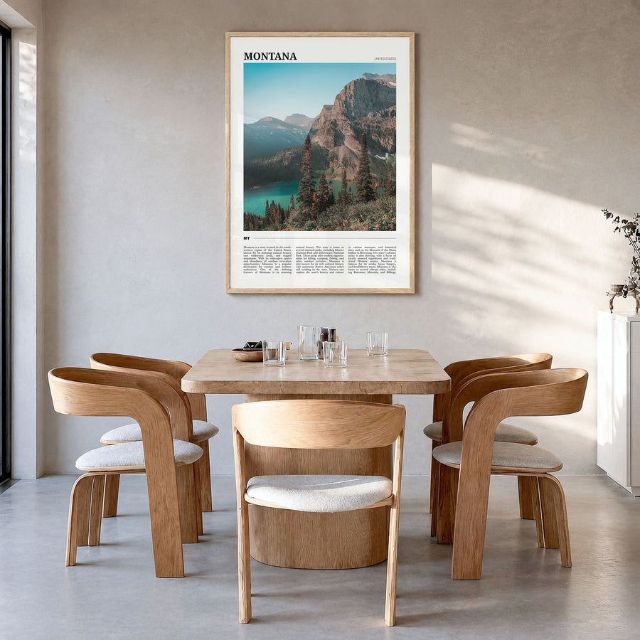 Montana Travel No 1 Poster in a natural wood frame, hanging in a dining room