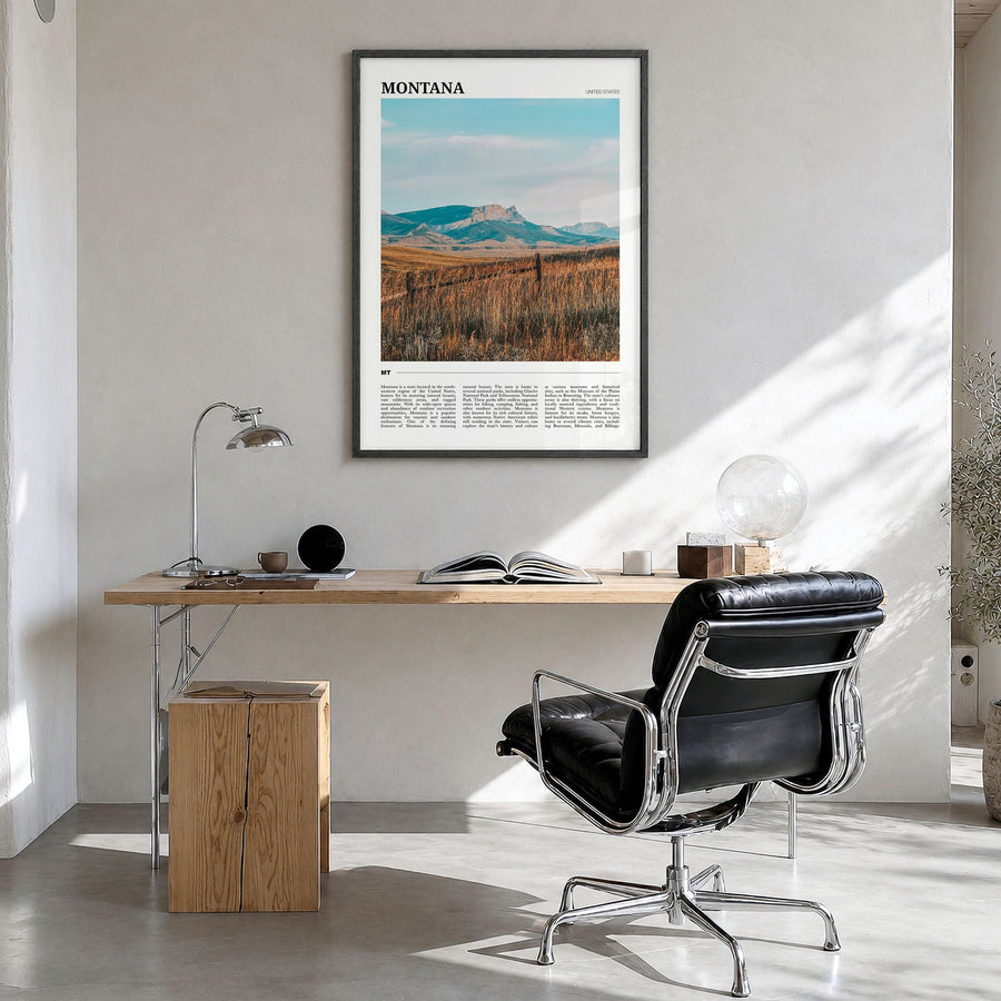 Montana Travel No 2 Poster in a black wood frame, hanging in a bright home office