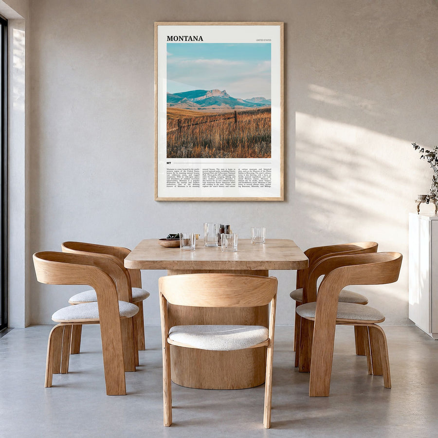 Montana Travel No 2 Poster in a natural wood frame, hanging in a dining room