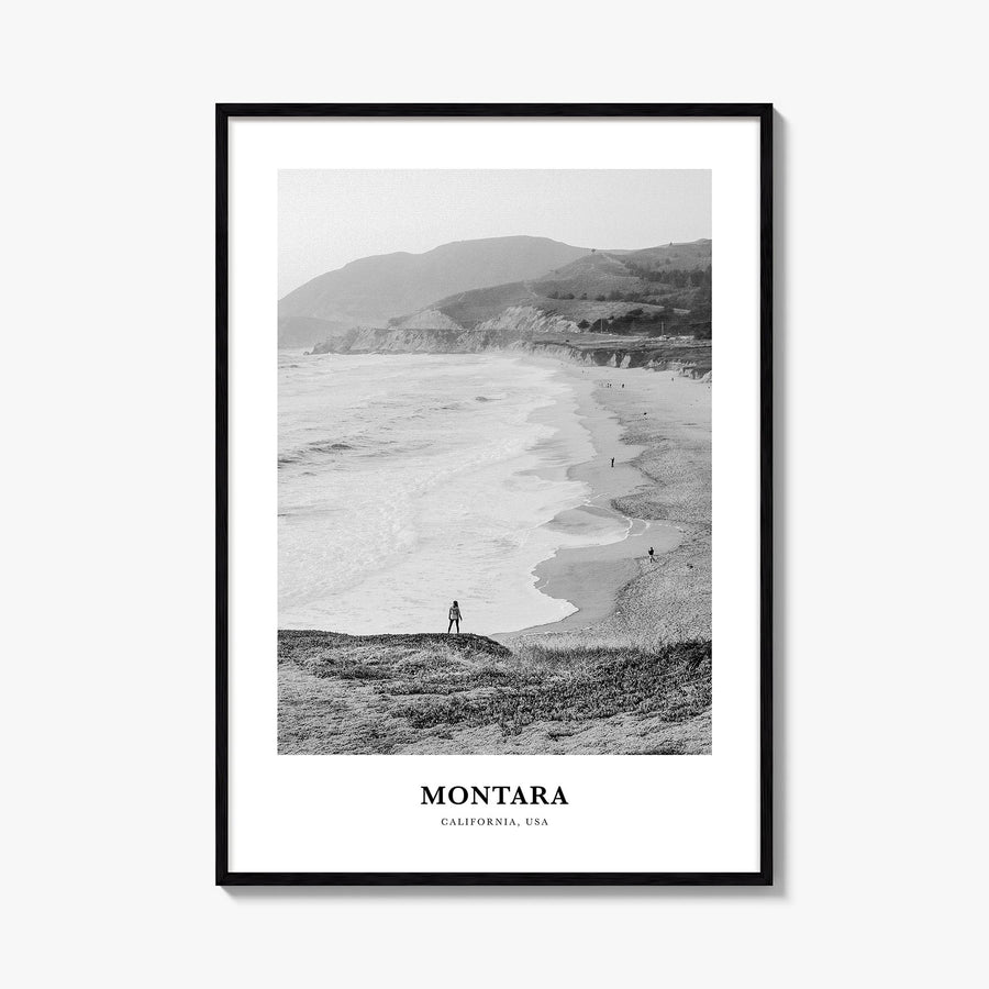 Montara black & white classic poster of California, USA – vertical wall art, unframed print shown in interior mockup