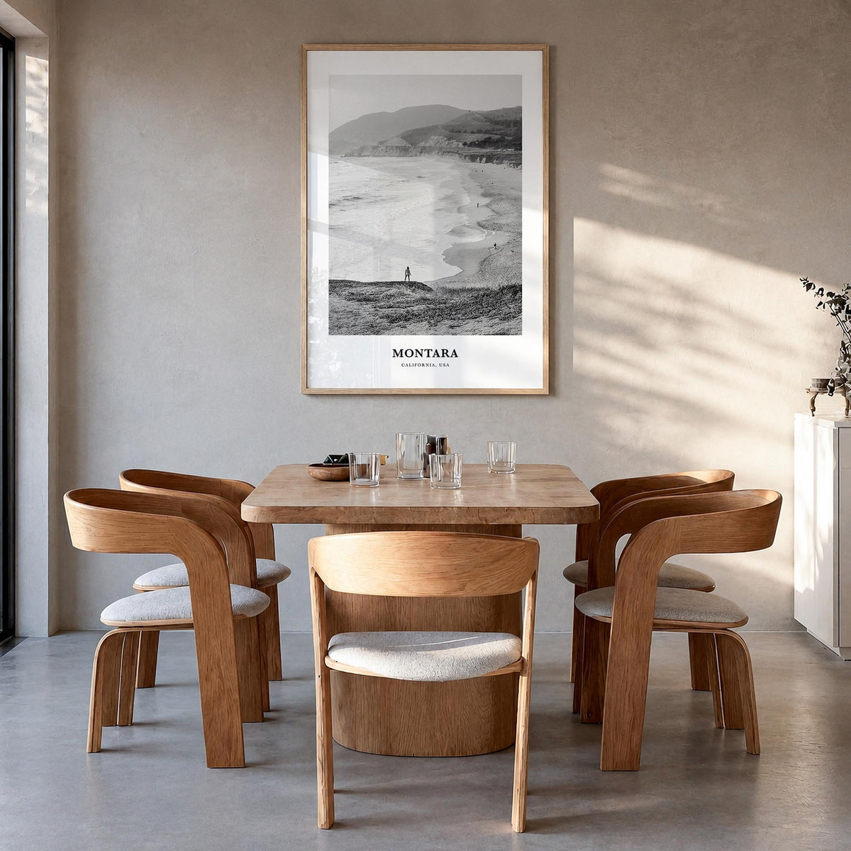Montara black & white classic poster of California, USA – vertical wall art in natural wood frame, hanging on wall