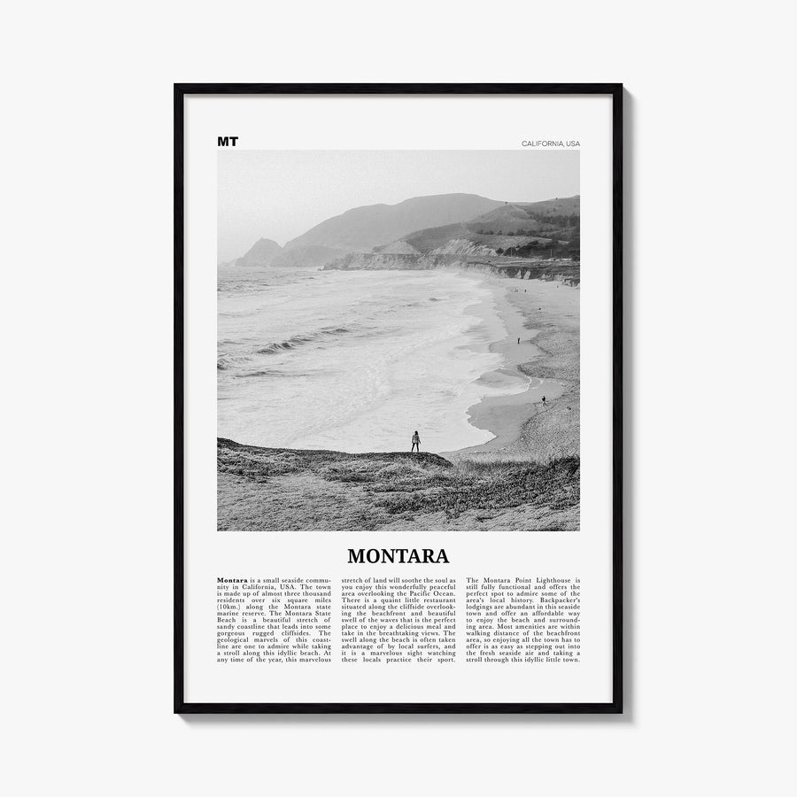 Montara black & white newspaper poster of California, USA – vertical wall art, unframed print shown in interior mockup