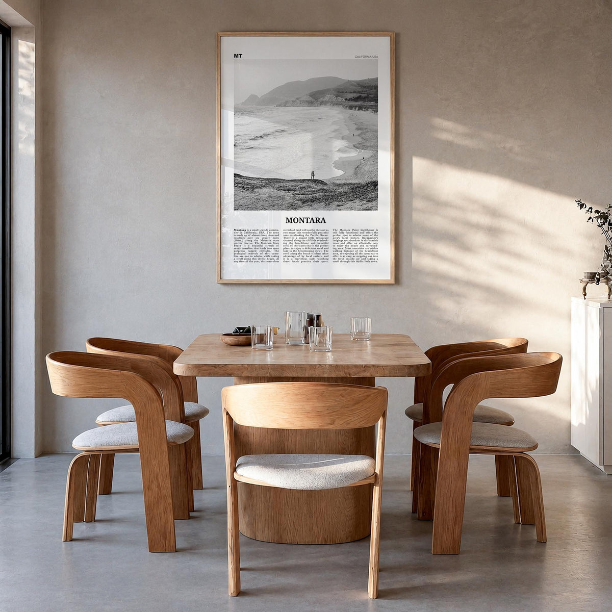 Montara black & white newspaper poster of California, USA – vertical wall art in natural wood frame, hanging on wall