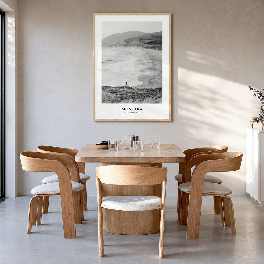 Montara Classic Poster in a natural wood frame, hanging in a dining room