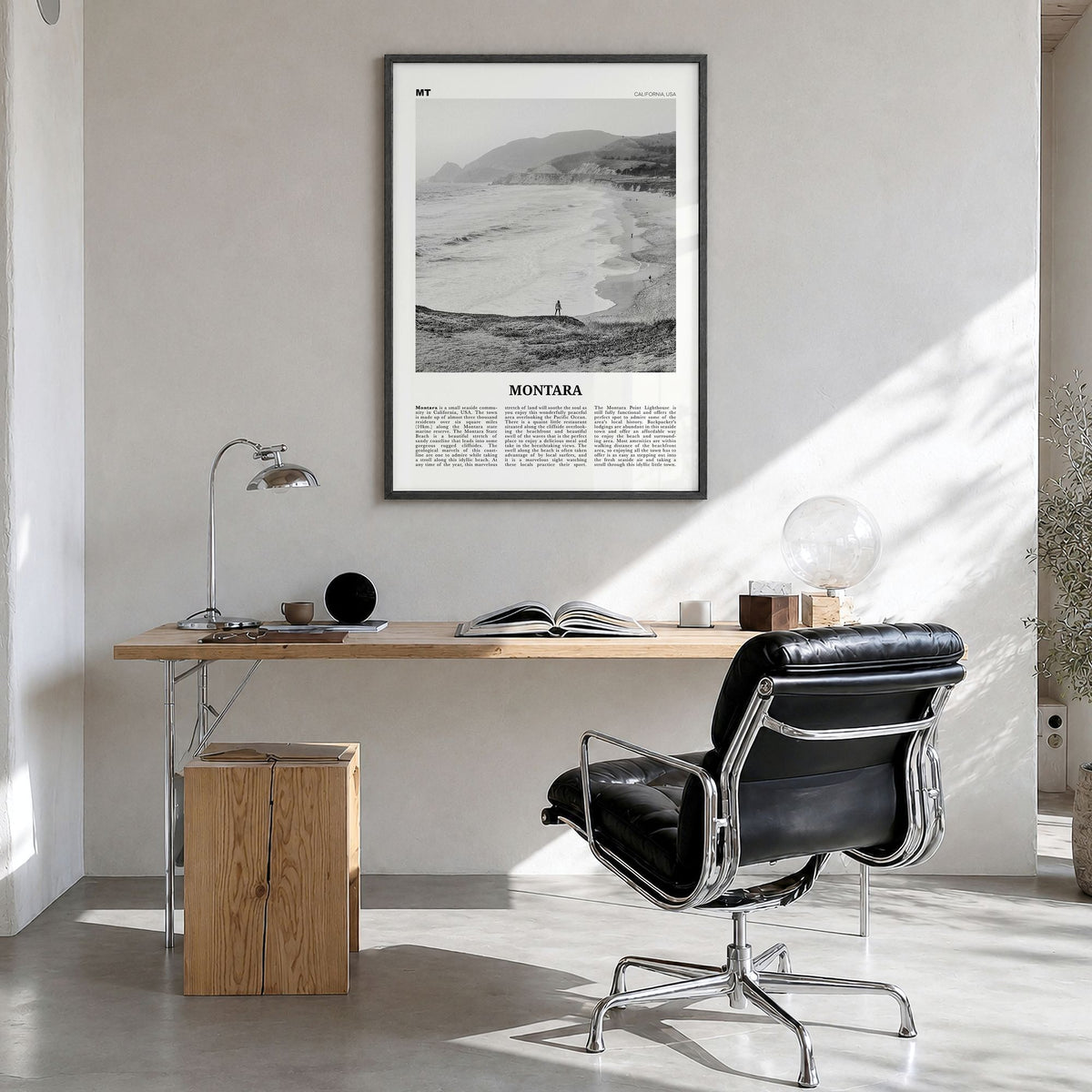 Montara Newspaper Poster in a black wood frame, hanging in a bright home office