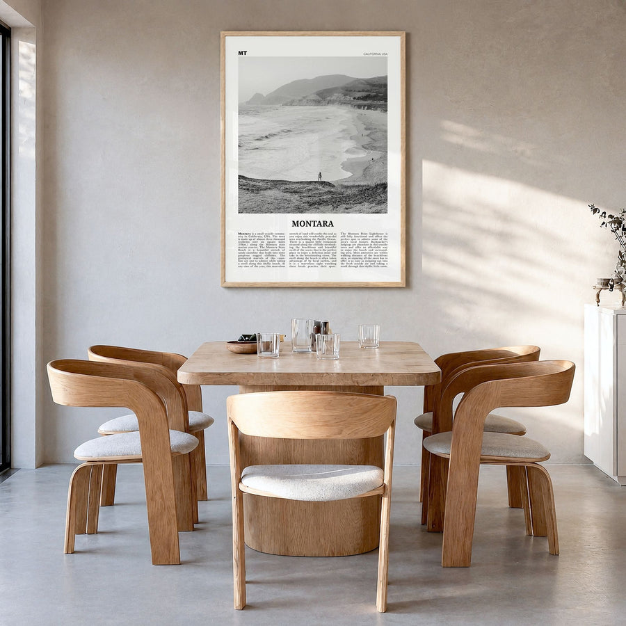 Montara Newspaper Poster in a natural wood frame, hanging in a dining room