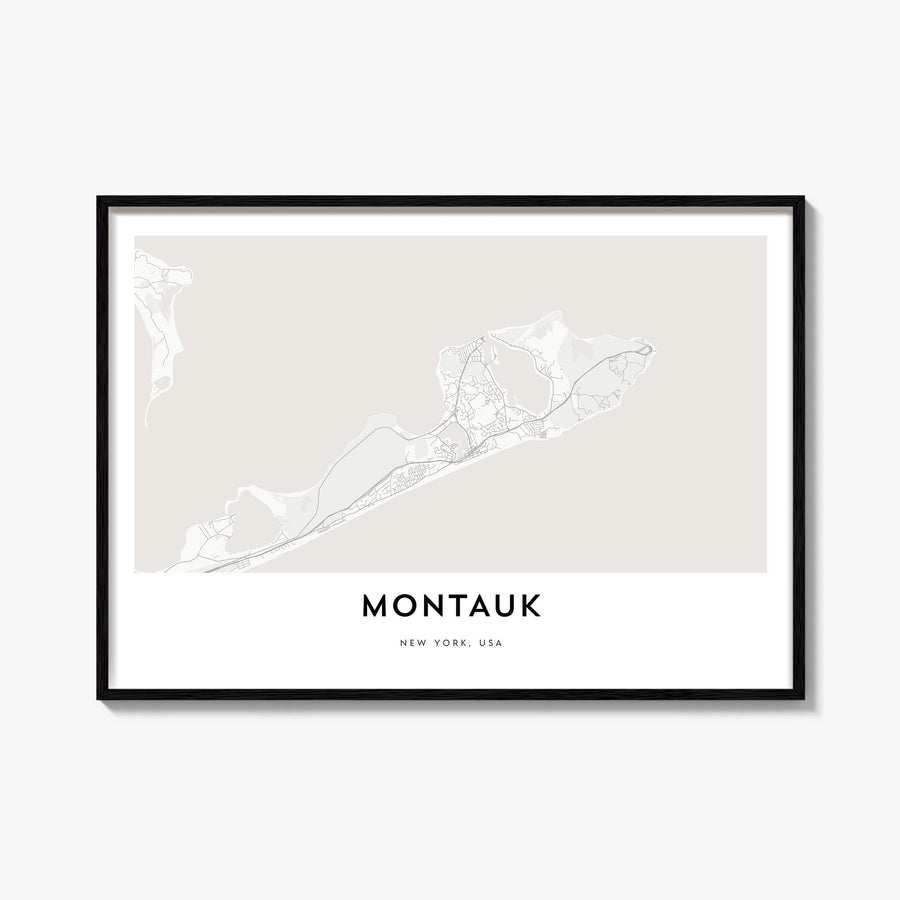 Montauk black & white map poster of New York, USA – horizontal wall art, unframed print shown in interior mockup