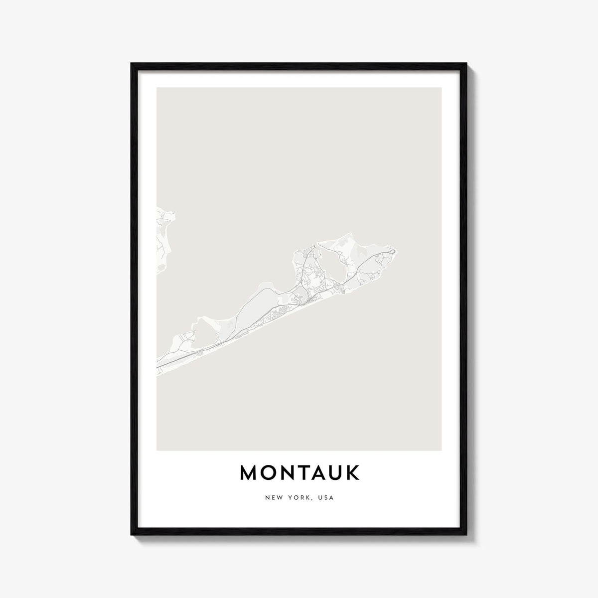 Montauk black & white map poster of New York, USA – vertical wall art, unframed print shown in interior mockup