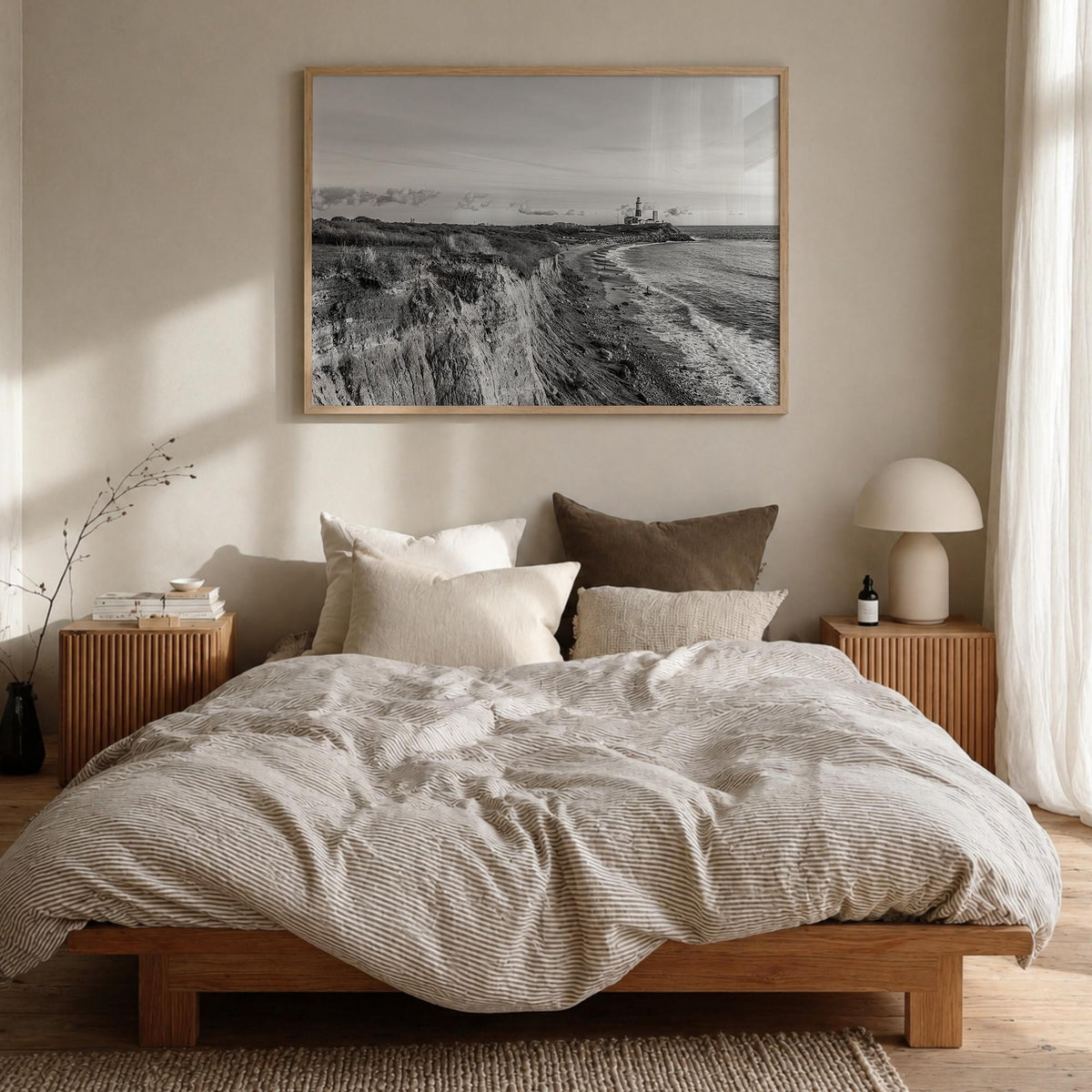 Montauk black & white photo poster of New York, USA – horizontal wall art in natural wood frame, hanging on wall