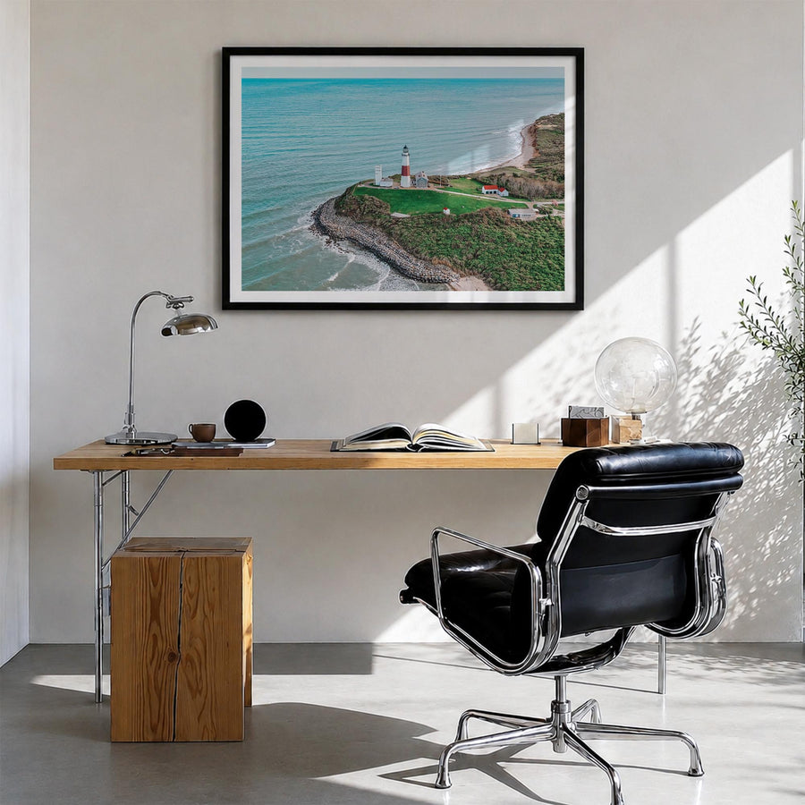 Montauk colorful photo poster of New York, USA – horizontal wall art in black wood frame with white border, hanging on wall