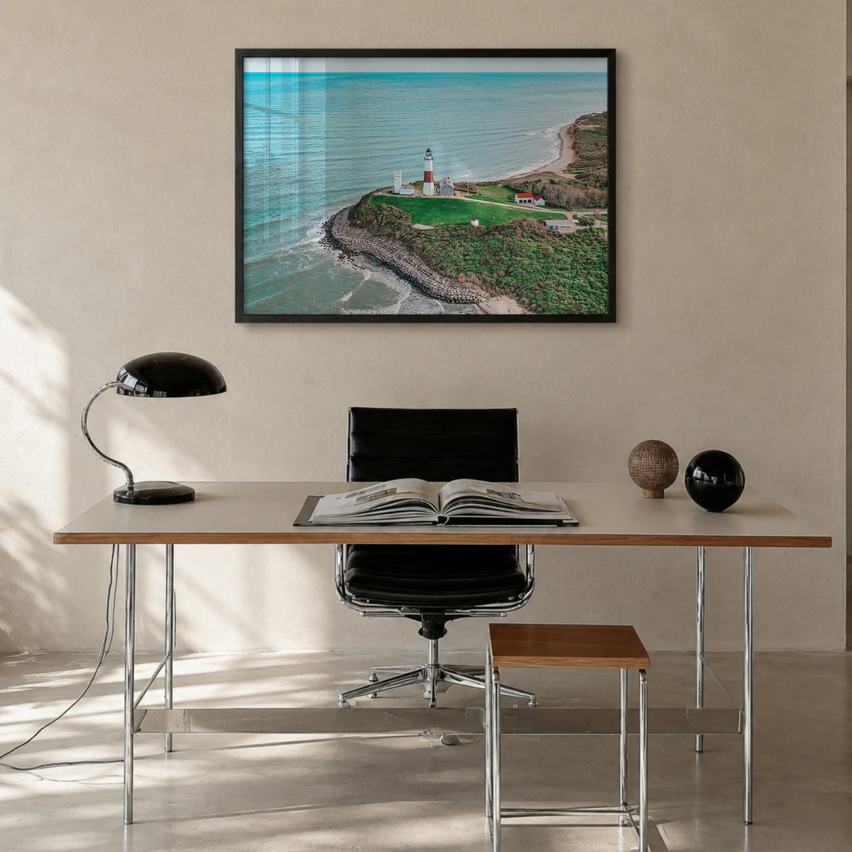 Montauk colorful photo poster of New York, USA – horizontal wall art in black wood frame, hanging on wall