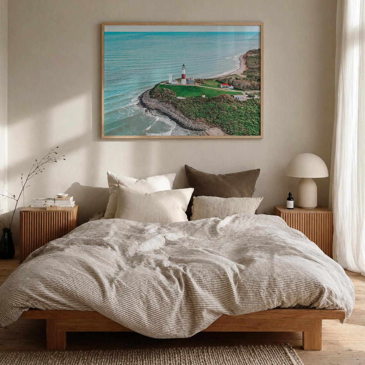 Montauk colorful photo poster of New York, USA – horizontal wall art in natural wood frame, hanging on wall