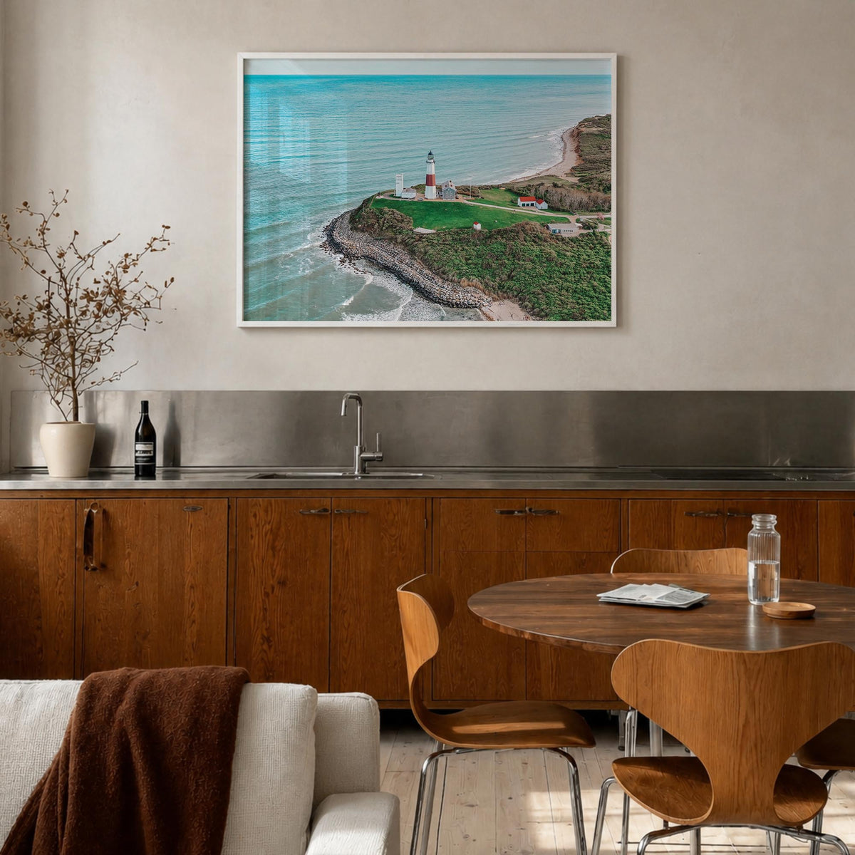 Montauk colorful photo poster of New York, USA – horizontal wall art in white wood frame, hanging on wall