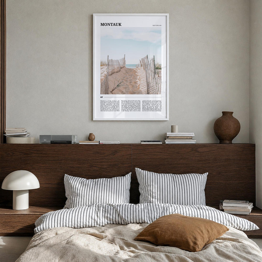 Montauk colorful travel poster of New York, USA – vertical wall art in white wood frame, hanging on wall