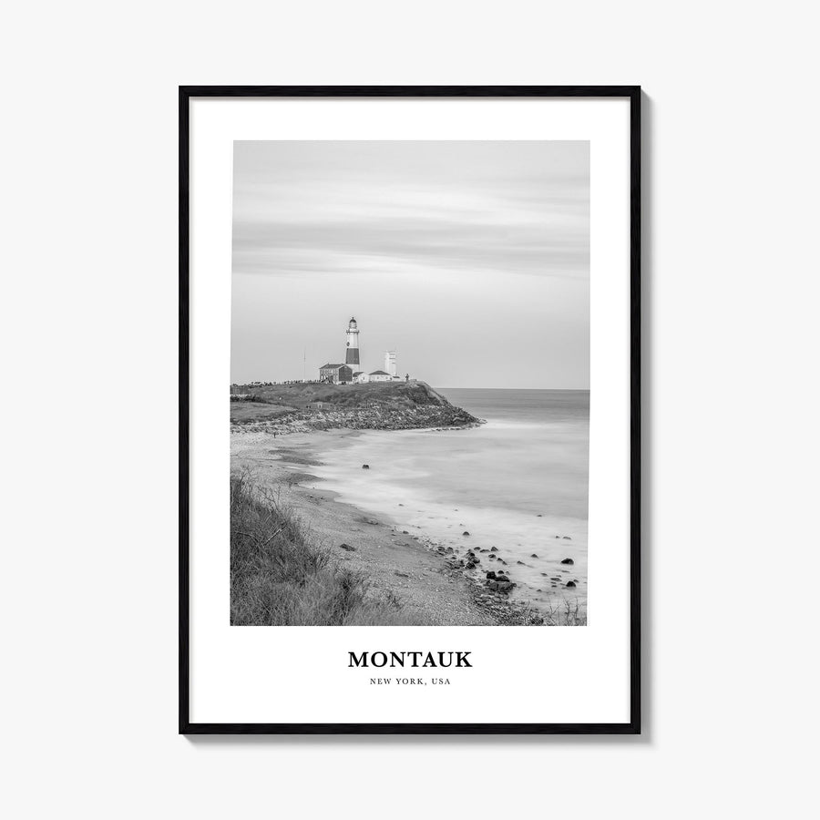 Montauk no. 1 black & white classic poster of New York, USA – vertical wall art, unframed print shown in interior mockup
