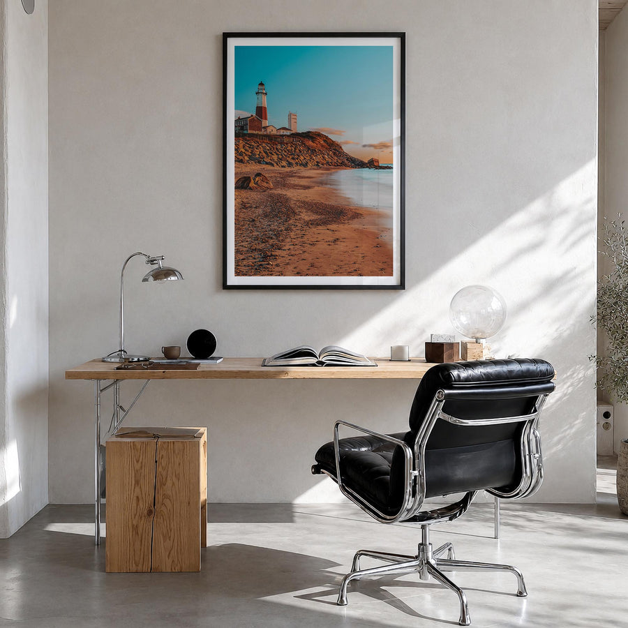 Montauk no. 1 colorful photo poster of New York, USA – vertical wall art in black wood frame with white border, hanging on wa