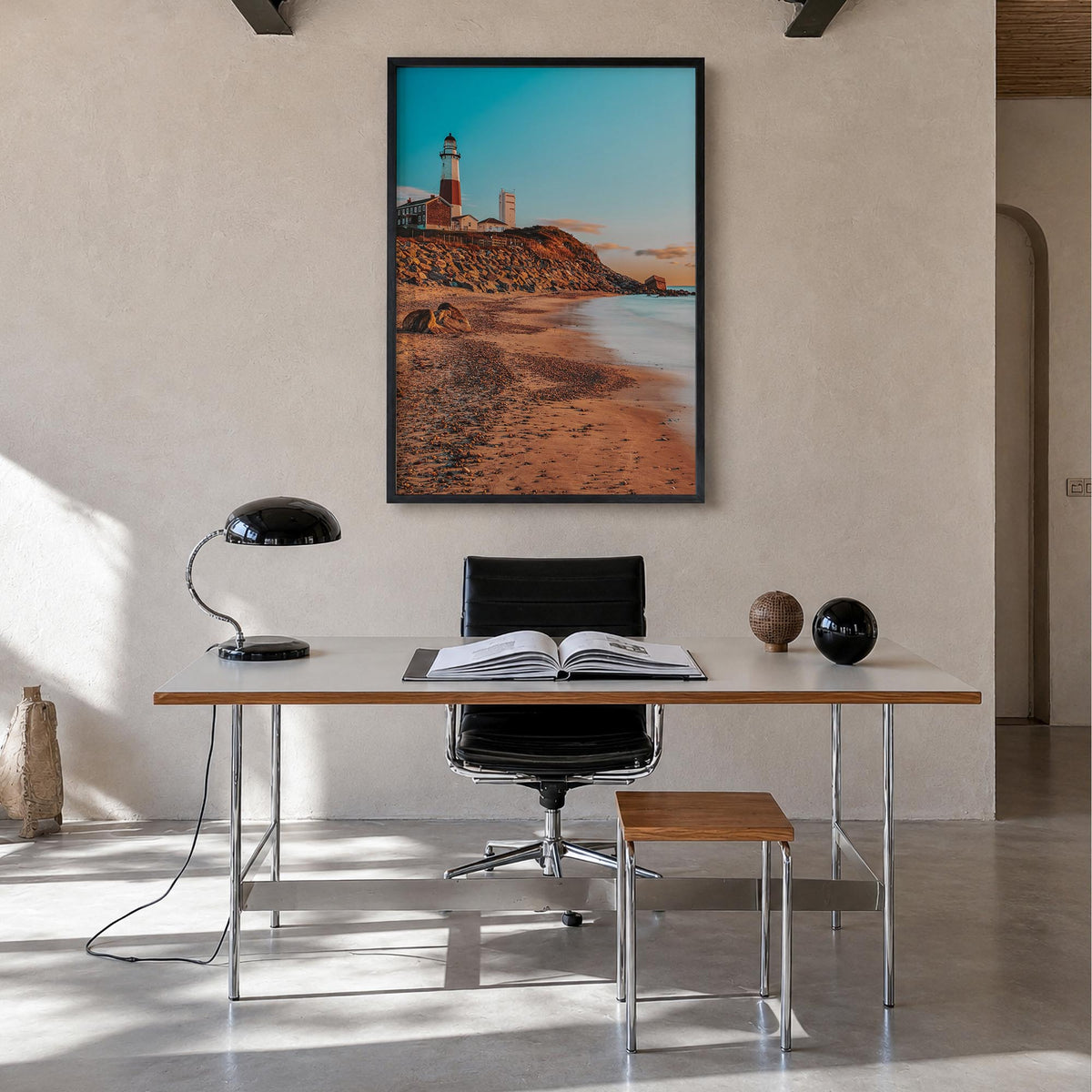 Montauk no. 1 colorful photo poster of New York, USA – vertical wall art in black wood frame, hanging on wall