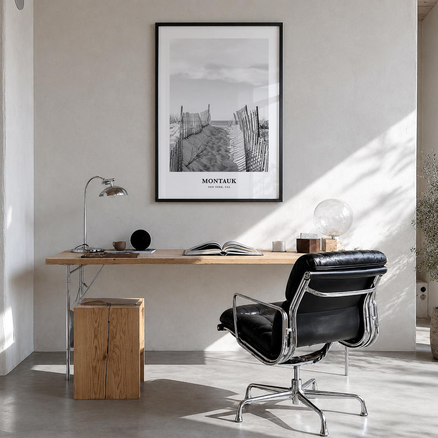 Montauk no. 2 black & white classic poster of New York, USA – vertical wall art in black wood frame, hanging on wall