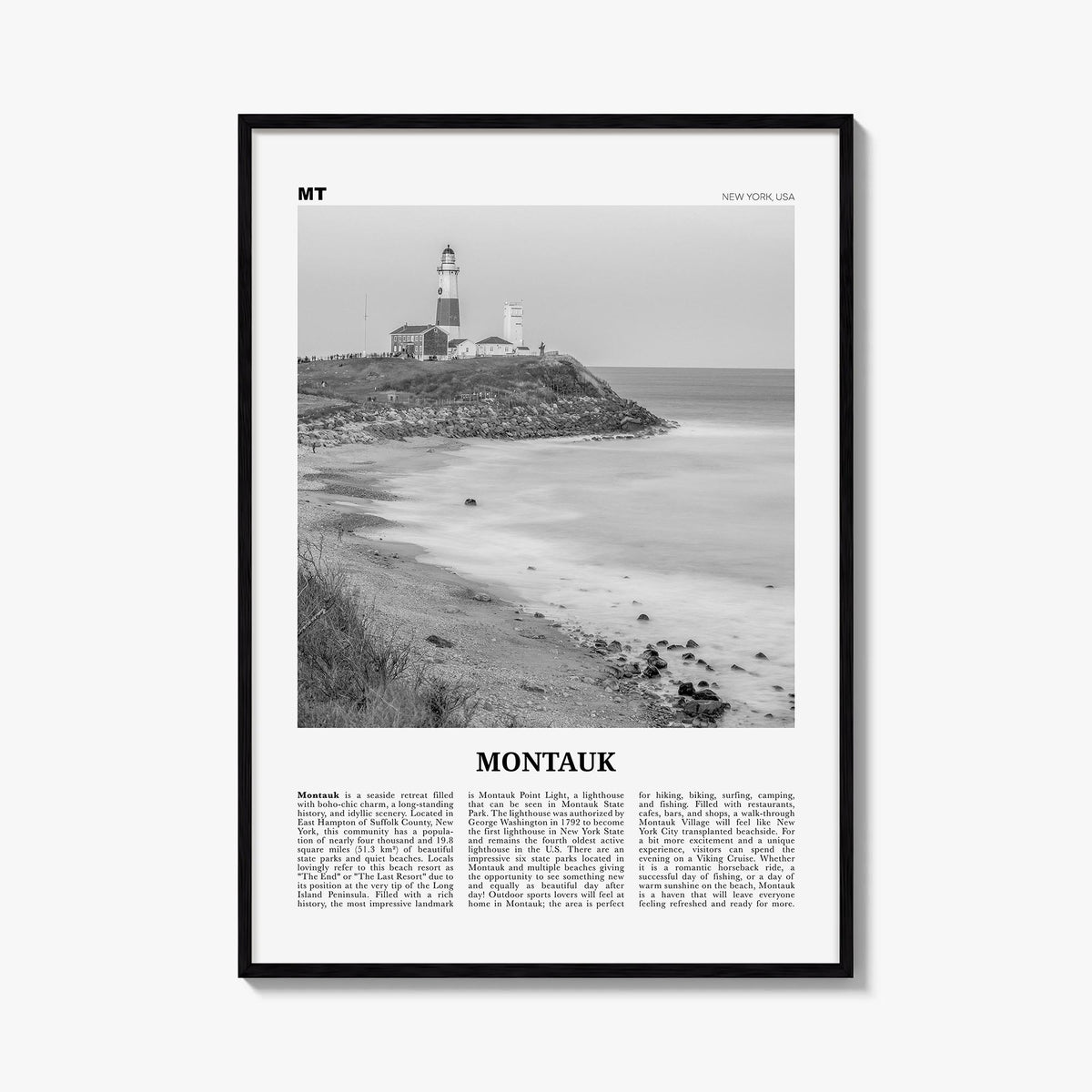 Montauk no. 2 black & white newspaper poster of New York, USA – vertical wall art, unframed print shown in interior mockup