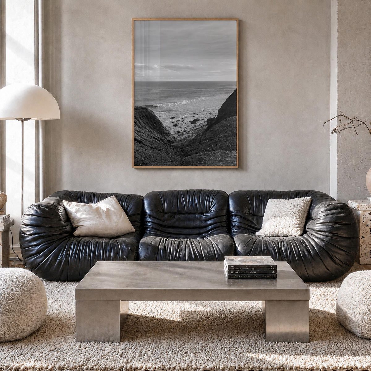 Montauk no. 2 black & white photo poster of New York, USA – vertical wall art in natural wood frame, hanging on wall
