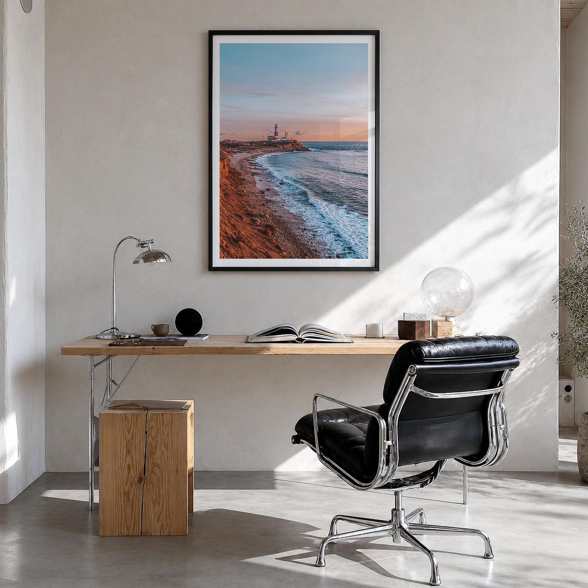 Montauk no. 2 colorful photo poster of New York, USA – vertical wall art in black wood frame with white border, hanging on wa