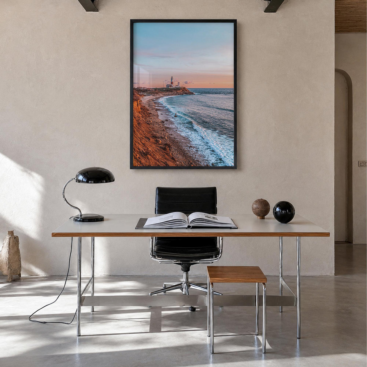 Montauk no. 2 colorful photo poster of New York, USA – vertical wall art in black wood frame, hanging on wall
