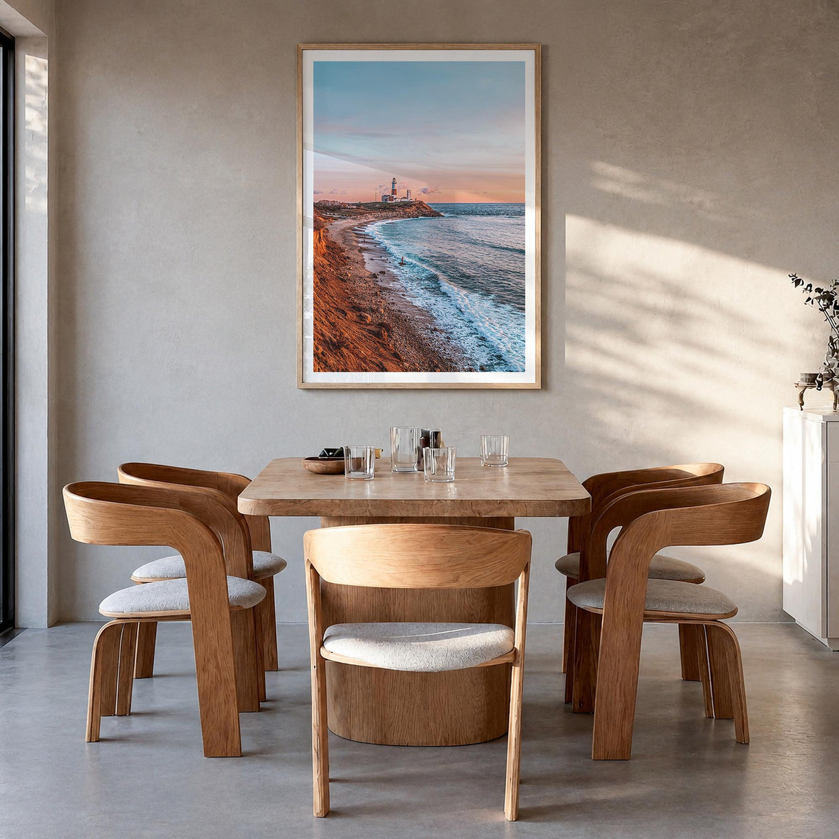 Montauk no. 2 colorful photo poster of New York, USA – vertical wall art in natural wood frame with white border, hanging on 
