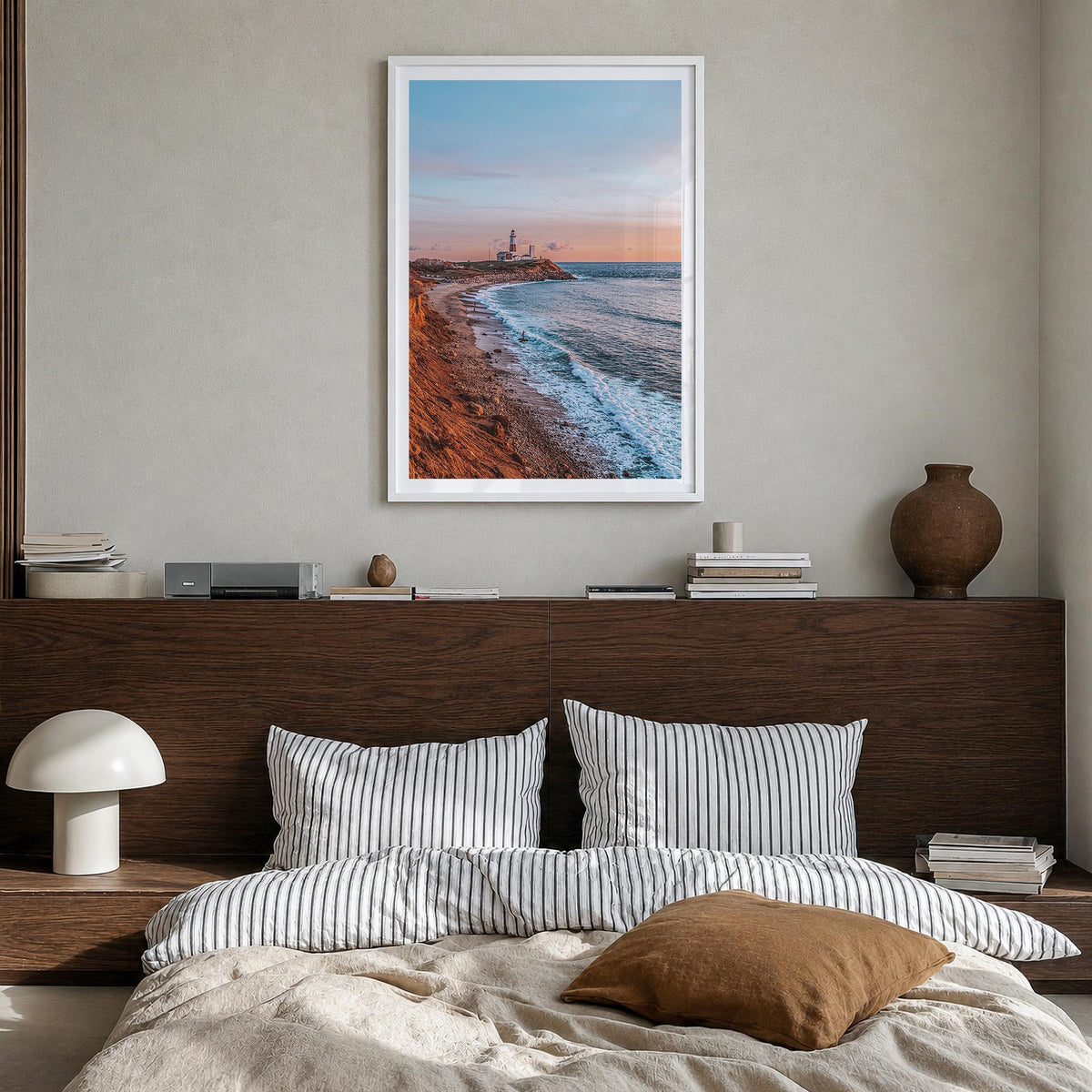 Montauk no. 2 colorful photo poster of New York, USA – vertical wall art in white wood frame with white border, hanging on wa