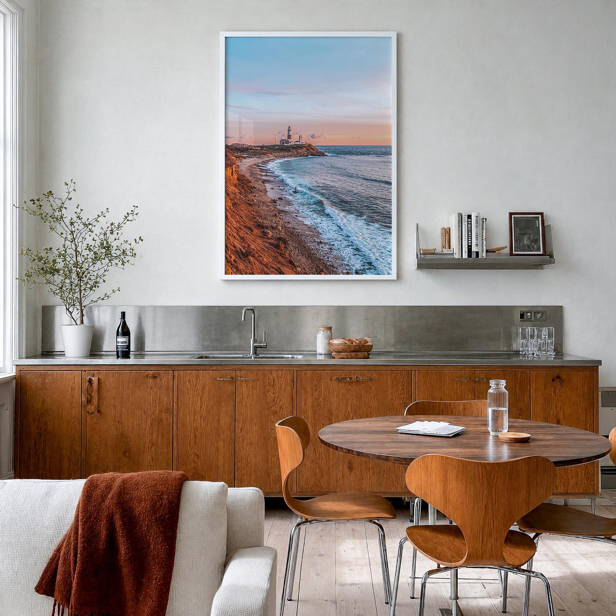 Montauk no. 2 colorful photo poster of New York, USA – vertical wall art in white wood frame, hanging on wall