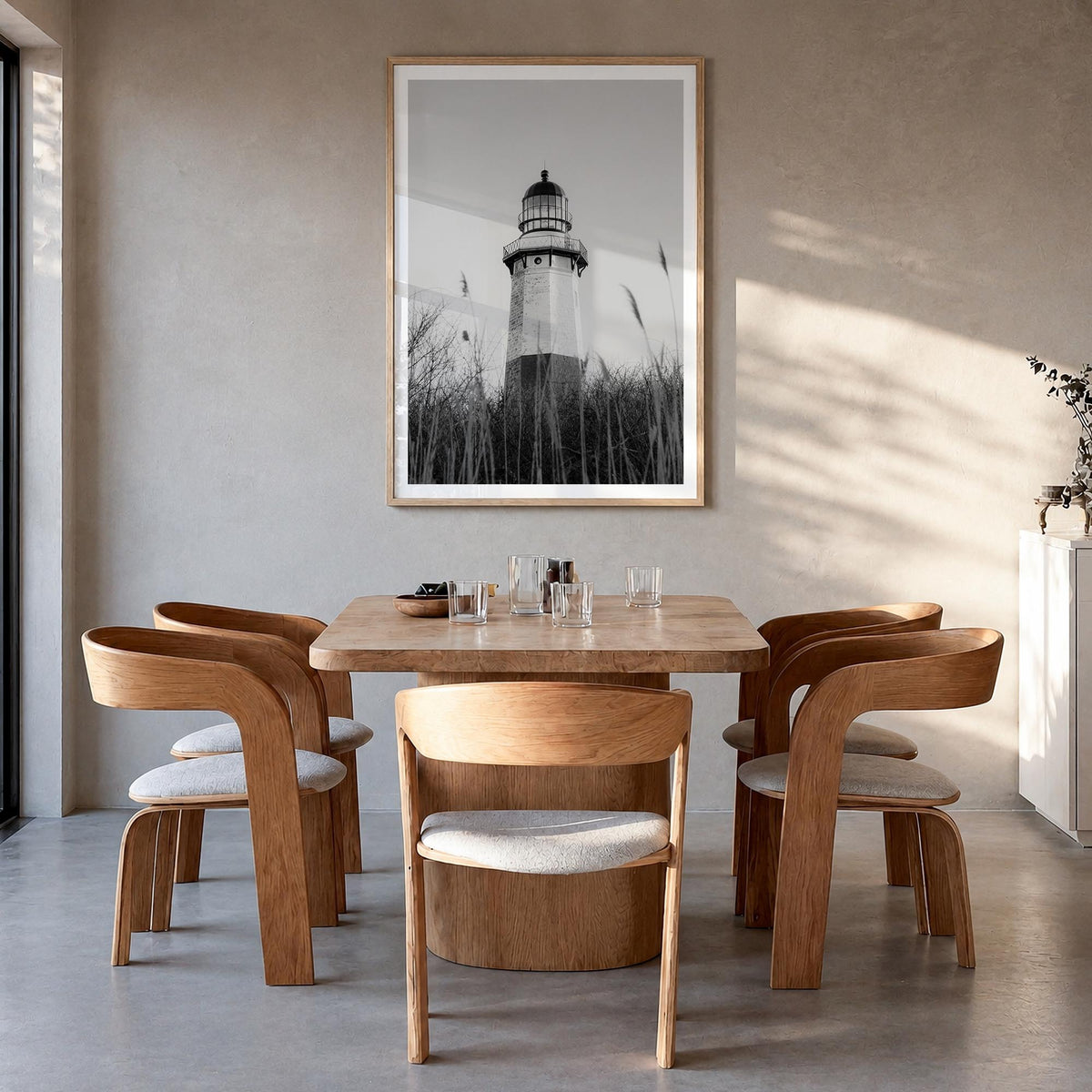 Montauk no. 3 black & white photo poster of New York, USA – vertical wall art in natural wood frame with white border, hangin