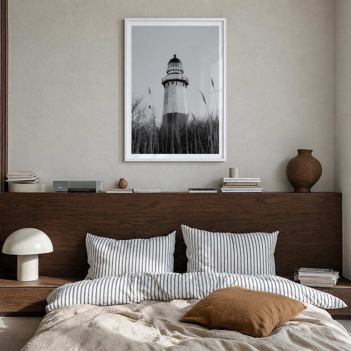 Montauk no. 3 black & white photo poster of New York, USA – vertical wall art in white wood frame with white border, hanging 