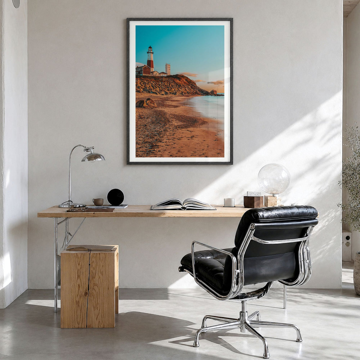 Montauk Photo No 1 Poster in a black wood frame, hanging in a bright home office, white border