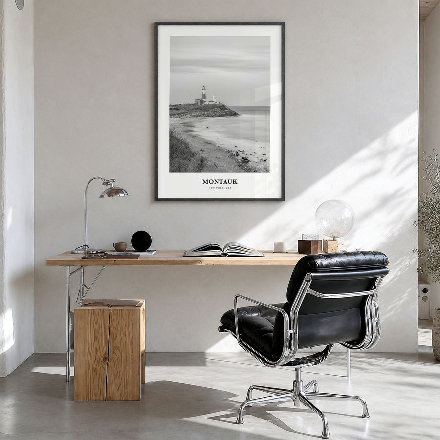 Montauk Classic No 1 Poster in a black wood frame, hanging in a bright home office
