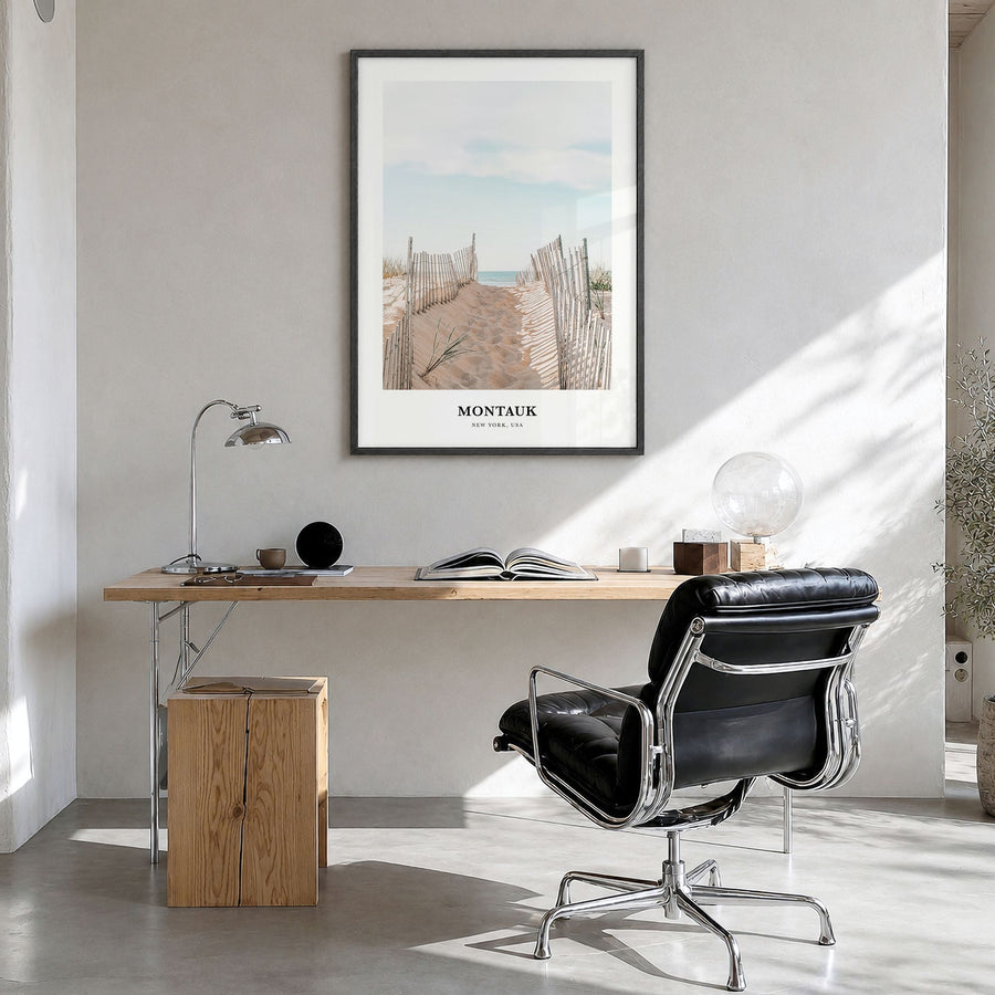 Montauk Classic Poster in a black wood frame, hanging in a bright home office