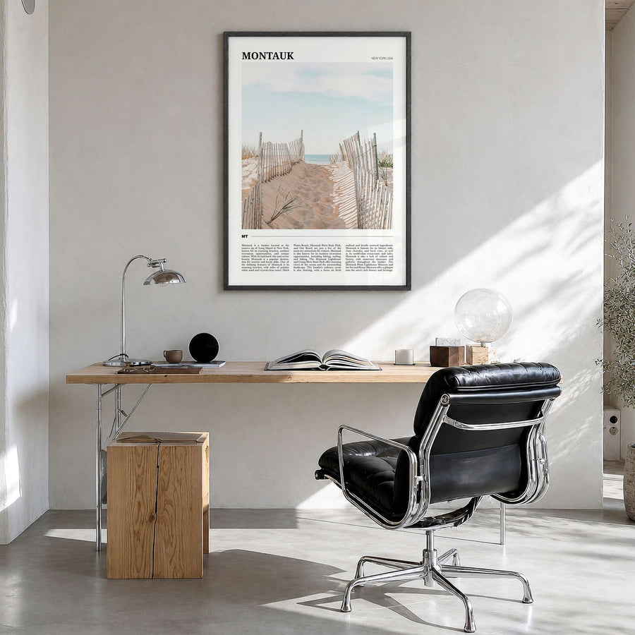 Montauk Travel Poster in a black wood frame, hanging in a bright home office