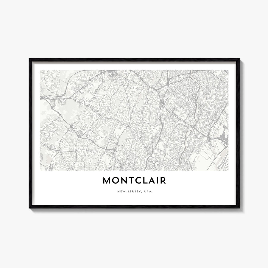 Montclair black & white map poster of New Jersey, USA – horizontal wall art, unframed print shown in interior mockup