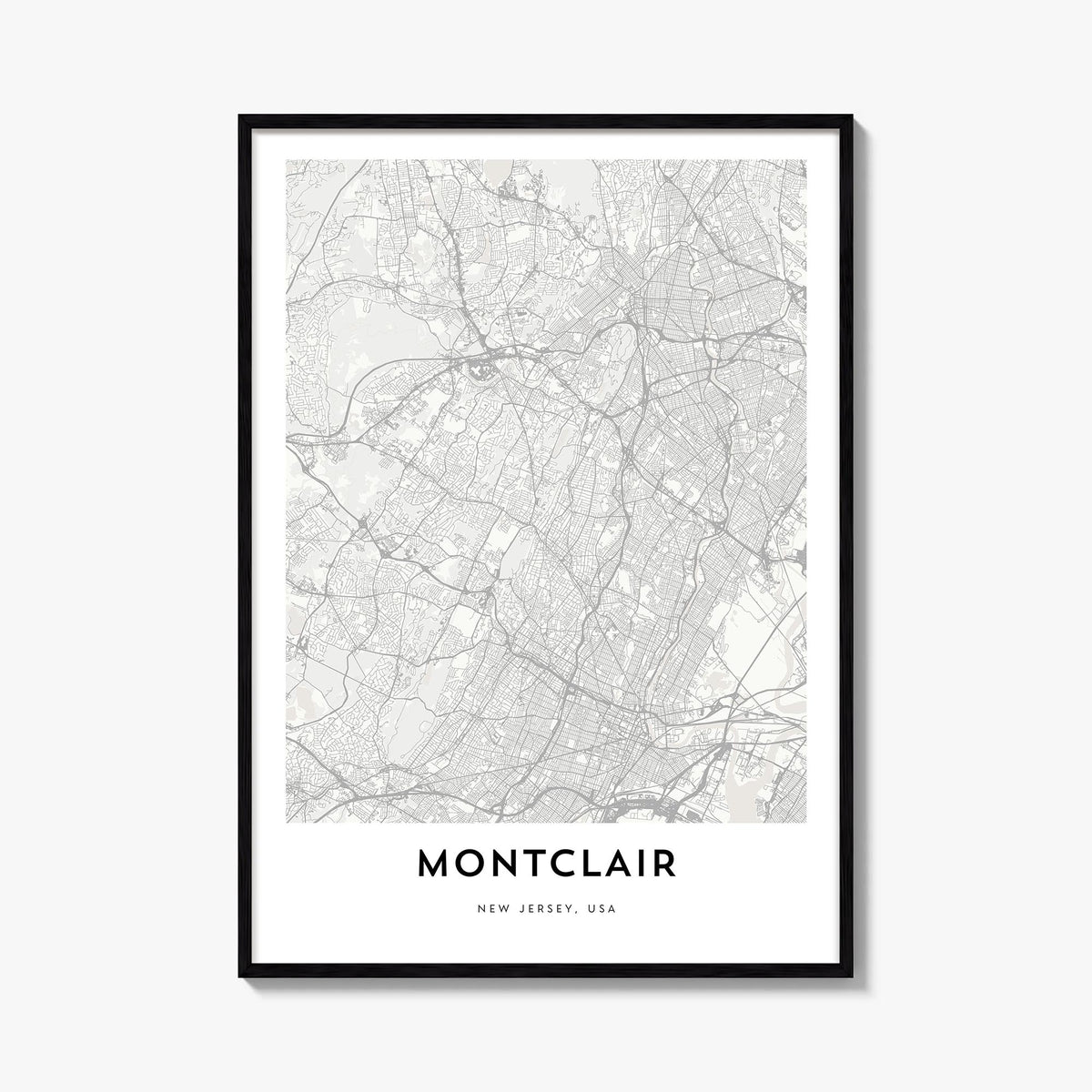 Montclair black & white map poster of New Jersey, USA – vertical wall art, unframed print shown in interior mockup