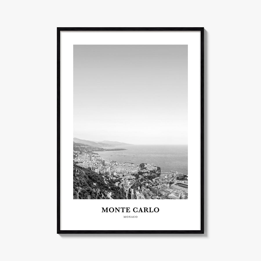 Monte Carlo black & white classic poster of Monaco – vertical wall art, unframed print shown in interior mockup