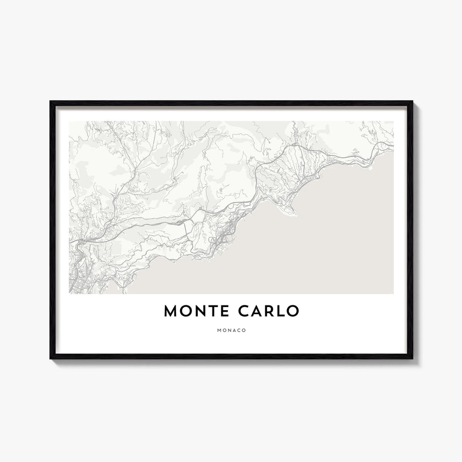 Monte Carlo black & white map poster of Monaco – horizontal wall art, unframed print shown in interior mockup